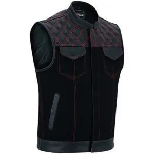 Men's Denim & Leather Motorcycle Vest with Inside Pockets and Red Stitching