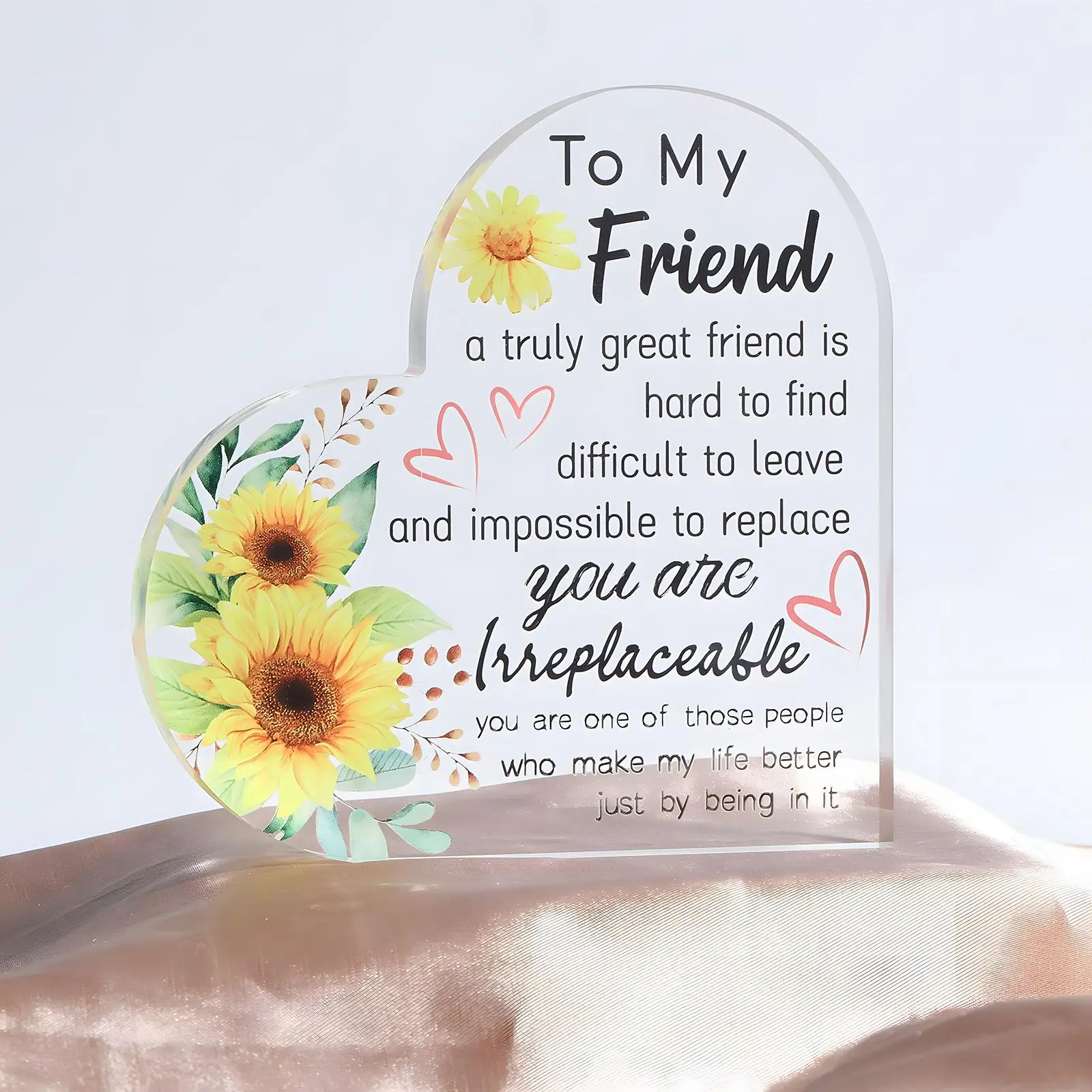 Sunflower Pattern Heart Shaped Acrylic Ornament, Creative Friendship Gift, Desktop Decoration for Home Office, Gift for Friend,Gifts For Women