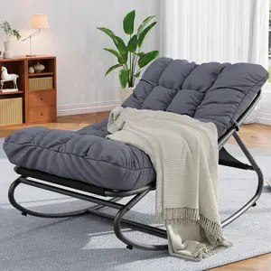 Outdoor Papasan Rocking Chair, Oversized Egg Chair with Thick Waterproof Cushion, Heavy Duty Metal Rocker Chair, Modern Gray Comfy Lounge Chair for Indoor Living Room, Patio, Garden