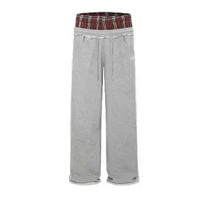 New fashion trends Double Waist Plaid Patchwork SweatPants Baggy Wide Leg Sweatpants for Women Loose Long Pants with Pockets