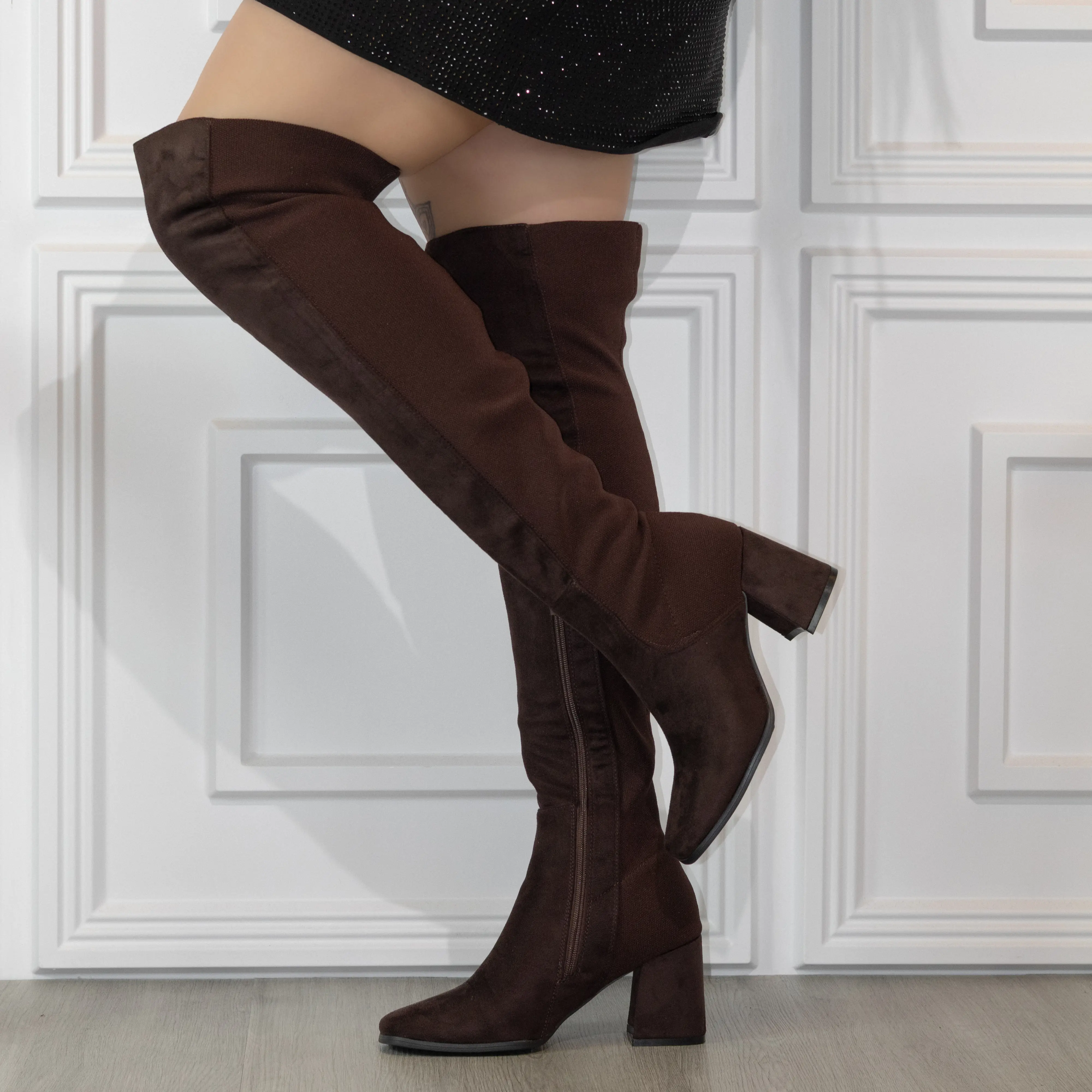 Milan - Over The Knee Suede Boots Stretch Back Plain Design Women's Fashion Shoes Comfortable Fit Versatile for Various Occasions