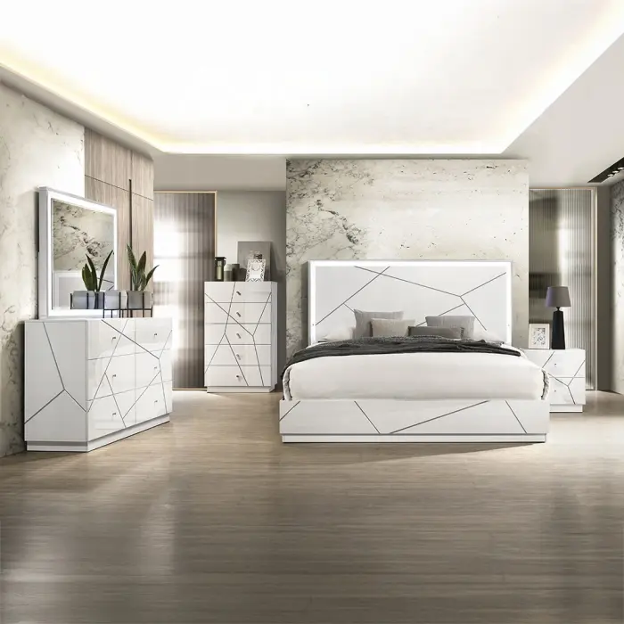 Acme BD05882-4PC Esther Queen Bedroom Furniture Set, White & Silver High-Gloss Wood Modern Design with LED Accents, 4-Piece Indoor Set
