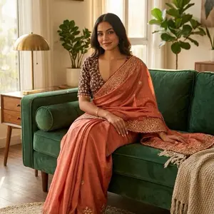 Soft Satin Silk Saree With Heavy Embroidery Sequins And Thread Work All Over The Saree And Scallop Border *Mono Silk Blouse With Heavy Embroidery Sequins And Thread Work full Stitch blouse