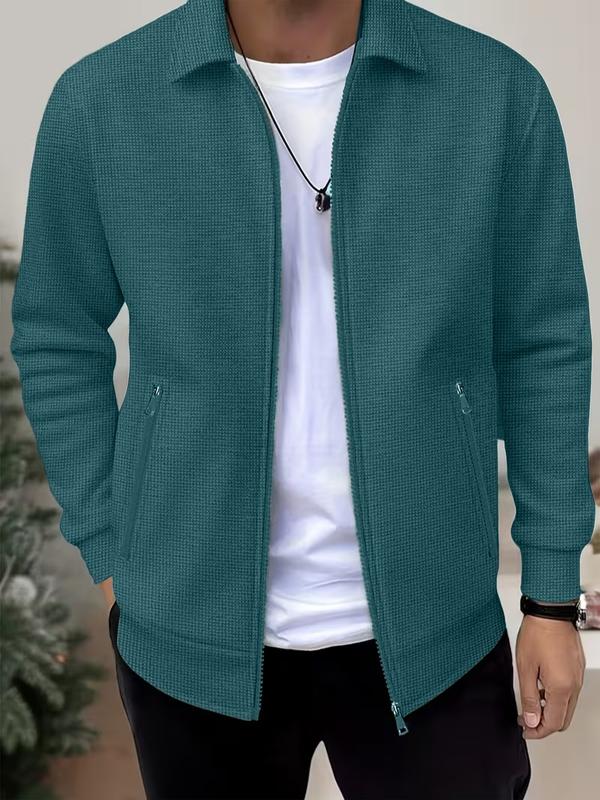 Men's Waffle Textured Jacquard Jacket, Long Sleeve Casual Zip-Up Jacket with Dual Zip Pockets, Business Casual Outerwear for Work & Everyday Wear