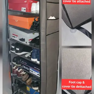 UDEAR 10 Tier Shoe Rack 9 Grids with Dustproof Cover,adjustable standing shelf, high storage rack, dustproof stackable, freestanding shoes organizer, plastic, metal, black, installation, water proof