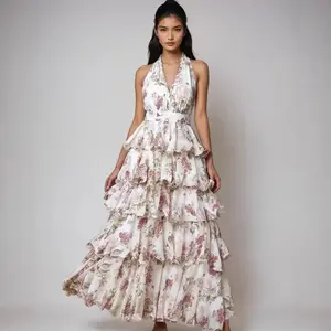 Women's Dress Sexy V-neck Strap Multi-layer Printed Dress