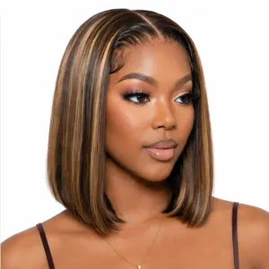 Glueless P4/27 Highlight Bob Wig Human Hair 13x4 HD Lace Front Wig Pre-Plucked Ready to Wear Short Straight 180 Density.