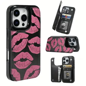 Wallet-style case with pink lips and black and pink flap, for the iPhone 17 16 15 14 13 12 PRO MAX PLUS and 17 AIR Series. Includes credit card slots and key slots, mobile phone case with wallet.