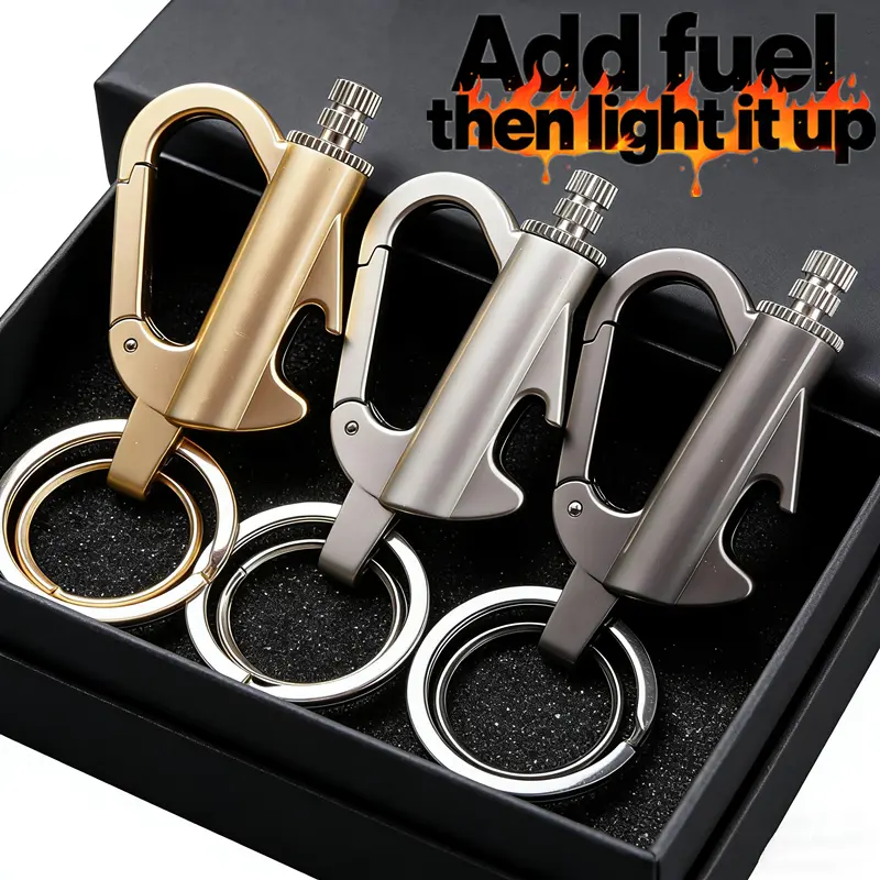Men's 3-in-1 Compact Multifunctional Keychain with Clip - Cool Keychains, Men's Accessories, Waterproof Refillable Fuel Lighter, Bottle Opener, Hike-Day Essential, Unique Gift (Fuel Not Included)