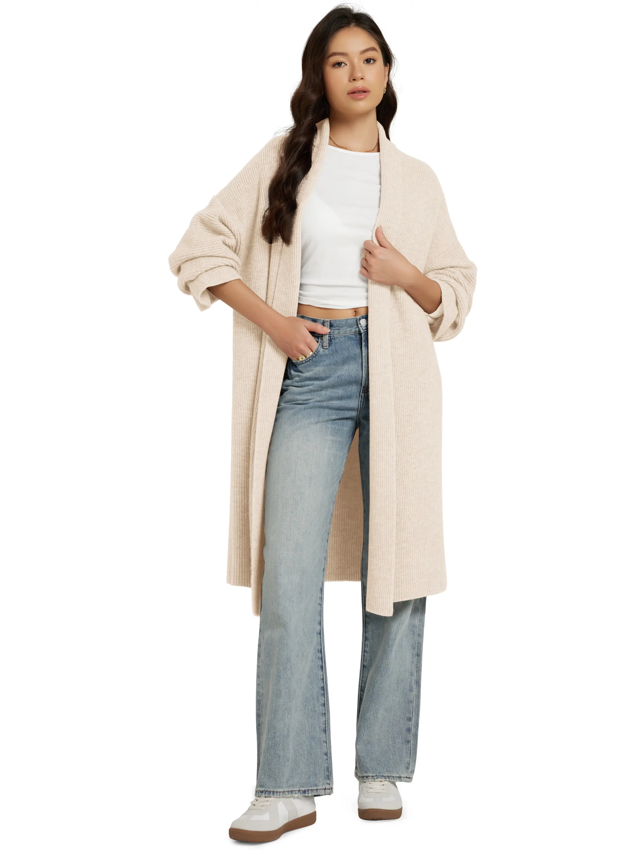 Women's Thick Longline Coatigan, a Minimalist Open-Front Sweater with Drop Shoulder Sleeves, Casual Nylon Blend Outerwear for Jeans and Trousers, Everyday, Tops