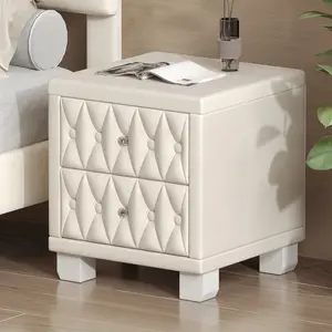 Elegant Beige Velvet MDF Nightstand - 2-Drawers Storage Bedside Table with Crystal Handles and Button Tufting