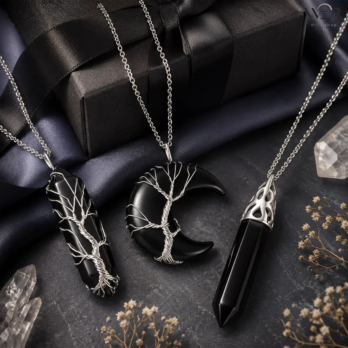 Lightweight Black Crystal Tree of Life Necklace, Bohemian Style Spiritual Jewelry with Wire Wrapped Hexagon, Crescent Moon, or Obelisk Pendant, Wire Wrapping, Protective, Crystal Necklaces, Meaningful Gifts, Handmade Necklaces, Divine Feminine