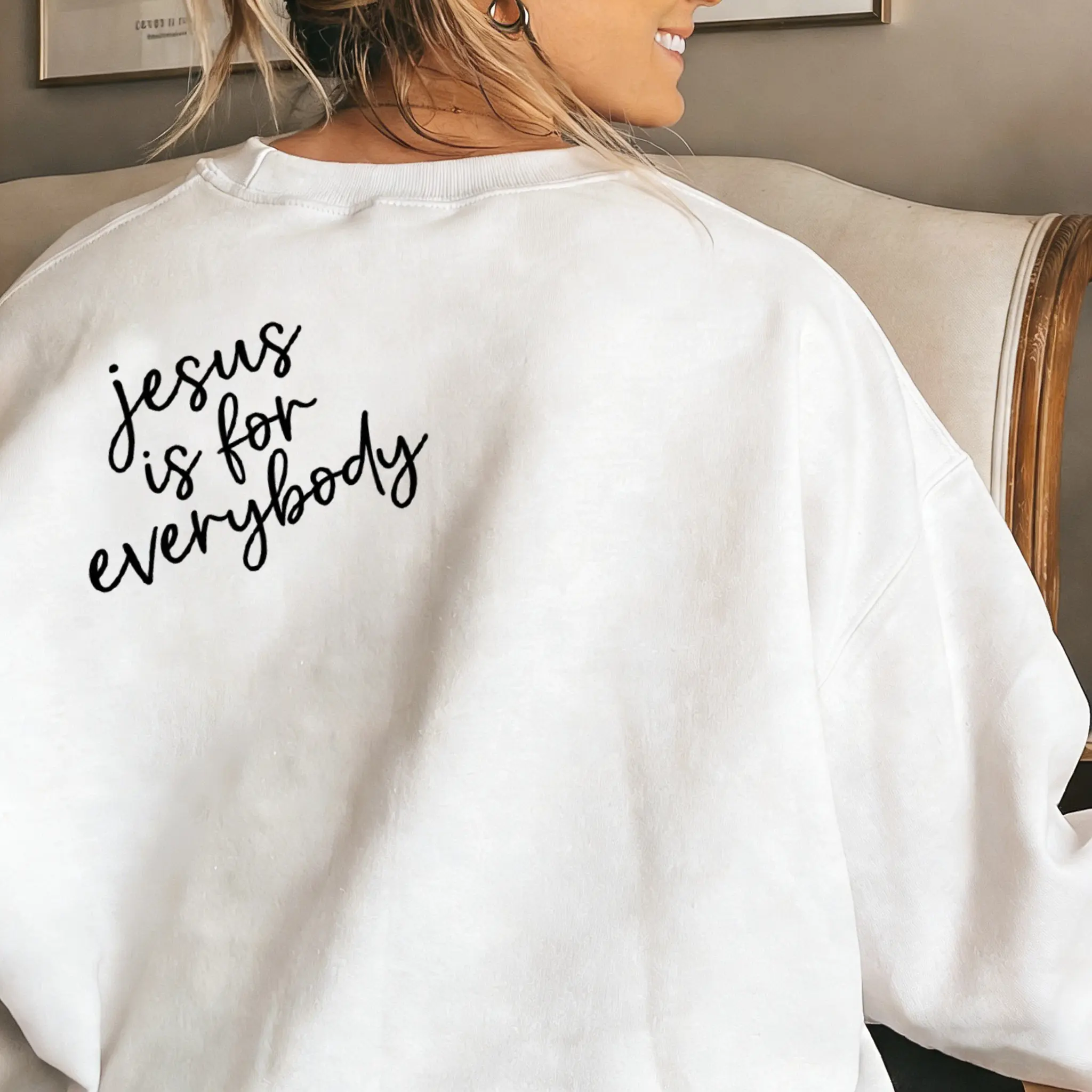 Women's Christian Faith "Jesus Is For Everybody" Graphic Hoodie & Oversized Crewneck Sweatshirt, Comfortable Everyday Long Sleeve Fabrics T-shirt, Tops, Prints,back to school,back to school shopping, Longsleeves