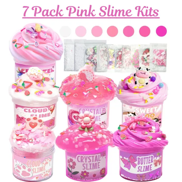 7-Pack Safe Pink Slime Kit for Kids (3+ Years, 10-12 Years) - Non-Sticky Super Soft Sludge, Butter/Cloud/Crunchy Textures, Squishy Developmental Play Toys, Party Favors, Birthday Gift, 7pack Party Fun (6+ Months Readiness Check Note)
