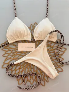 New Beach Pool Party Vacation Fashion Sexy Solid Color Leopard Stripe Tie Neck Two-Piece Swimsuit for Women Leopard Print Bikinis