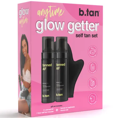 b.tan Tanned AF Self Tanner Mousse 2-Pcs Set with Mitt Applicator - 1-Hour Express Dark Formula, Vegan, Paraben-Free, Natural Oils, Avocado Moisturizing, Dihydroxyacetone, Flawless Self Care Products for All Skin Types