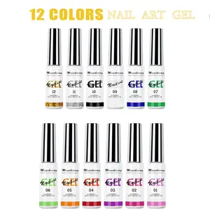 Nail Art Polish Set- 12 Colors 2 IN 1 Gel Nail Polish, Pink Blue Purple Brown Black Gel Liner Polish Soak Off Nail Art Design Set, Nail Brush for Nail Painting for Women