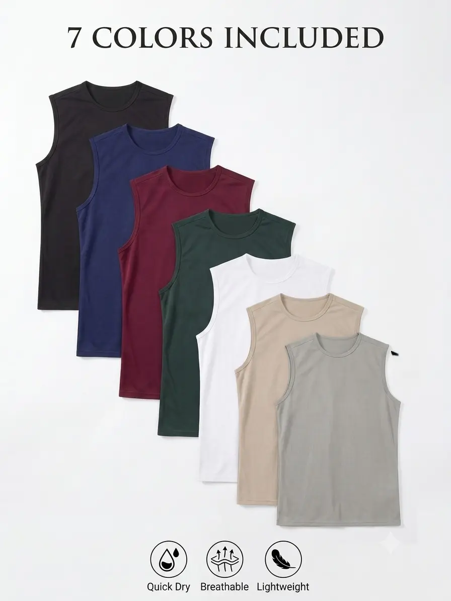 Men's 7-Pack Sleeveless Crew Neck Activewear Tank Tops - Quick Dry Polyester Vests, Breathable Athletic Apparel, Machine Washable Thin Lightweight Performance Shirts for Gym, Running (S-3XL), Activewear Tank Top