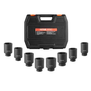VEVOR Axle Nut Impact Socket Set, 1/2" Drive Deep 6-Point 8-Piece SAE Spindle Nut Socket Set, CR-MO Heat Treated Large Socket Set with Storage Case, for Auto Repair, Removing or Installing Axle Nuts, 8 Pieces, Corrosion Res.