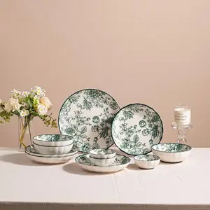 8-piece ceramic tableware set, Western-style, suitable for 2 people, green with rose pattern, includes steak plate, salad bowl, plate, microwave safe, machine washable