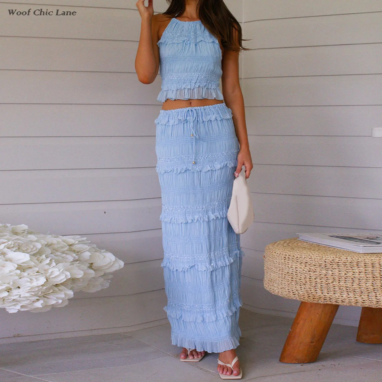 Ladies' fashionable and elegant two-piece light blue ruffle-edged set - pleated off-shoulder crop top & tiered long skirt, Bohemian beach style outfit (size S-L)