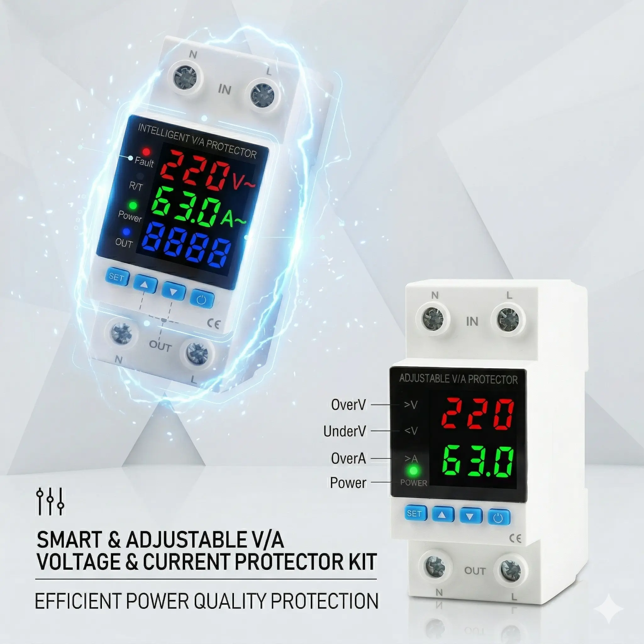 Over/Under Voltage Protection Relay 63A 110V/220V Dual Display Voltage & Current Monitor 2P DIN Rail Mount Auto Reset Adjustable VIA Protector with Overvoltage & Overcurrent Protection