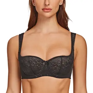 MELENECA Women's Underwire Balconette Lace Bras - Elegant Half Cup, Push Up, Padded, Adjustable Straps, Plus Size, Hand Wash Only Design
