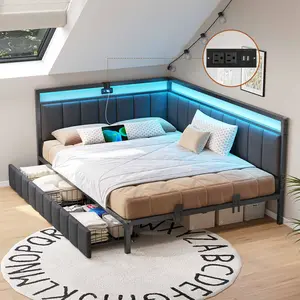 Queen LED Daybed with Line Fabric Upholstered Fence and Charging Station Gray