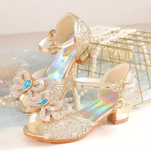 2025 New Style Elsa Rhinestone Sandals Girls, Crystal High Heels, Fashionable Summer Princess Shoes Children.