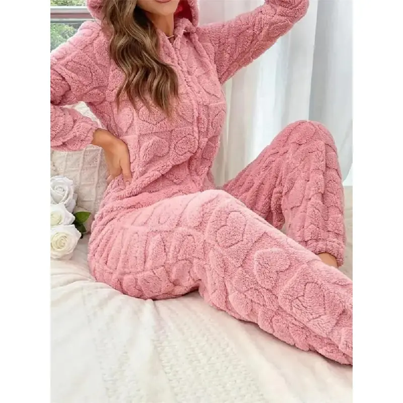 Women's Heart Jacquard Zip Up Hooded Sleep Jumpsuit, Casual Long Sleeve Jumpsuit for Fall & Winter, Women's Sleepwear for Indoor Wear��gift�� Womenswear Loungewear(gift)