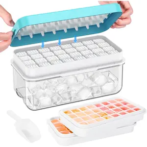 Ice Cube Tray with Lid and Bin, 64 pcs Ice Trays For Freezer, Ice Cube Trays For Freezer with 2 trays, Container, Lid & Ice Scoop, BPA Free