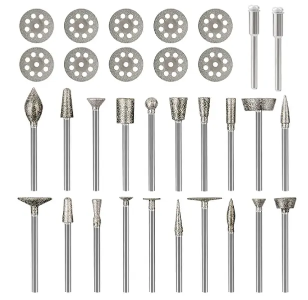 32Pcs Wear-Resistant Diamond Burr Bits Kit - 1/8in Universal Shank, Includes Mandrels, Compatible with Dremel Rotary Tools, for Rock/Metal Carving & Polishing, DIY Hobbyists, Home Improvement Supplies
