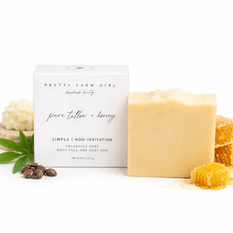 Pure Tallow + Honey Fragrance Free Handmade Tallow and Goat Milk Soap Bar – Gentle Nourishment for Sensitive Skin (141g / 5 oz)