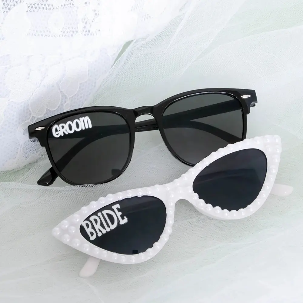 2Pcs Bride Groom Vintage Trendy Styling Sunglasses Pearl Heart Fashionable Sunglasses Bride To Be Wedding Day Honeymoon Engagement Bridal Shower Bachelorette Party Eyewear