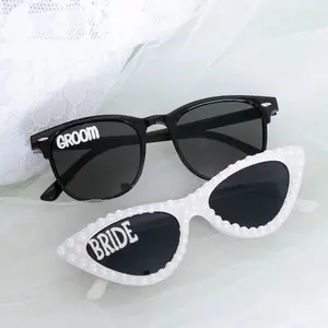 2Pcs Bride Groom Vintage Sunglasses Pearl Heart Sunglasses Bride To Be Wedding Day Honeymoon Engagement Bridal Shower Bachelorette Party