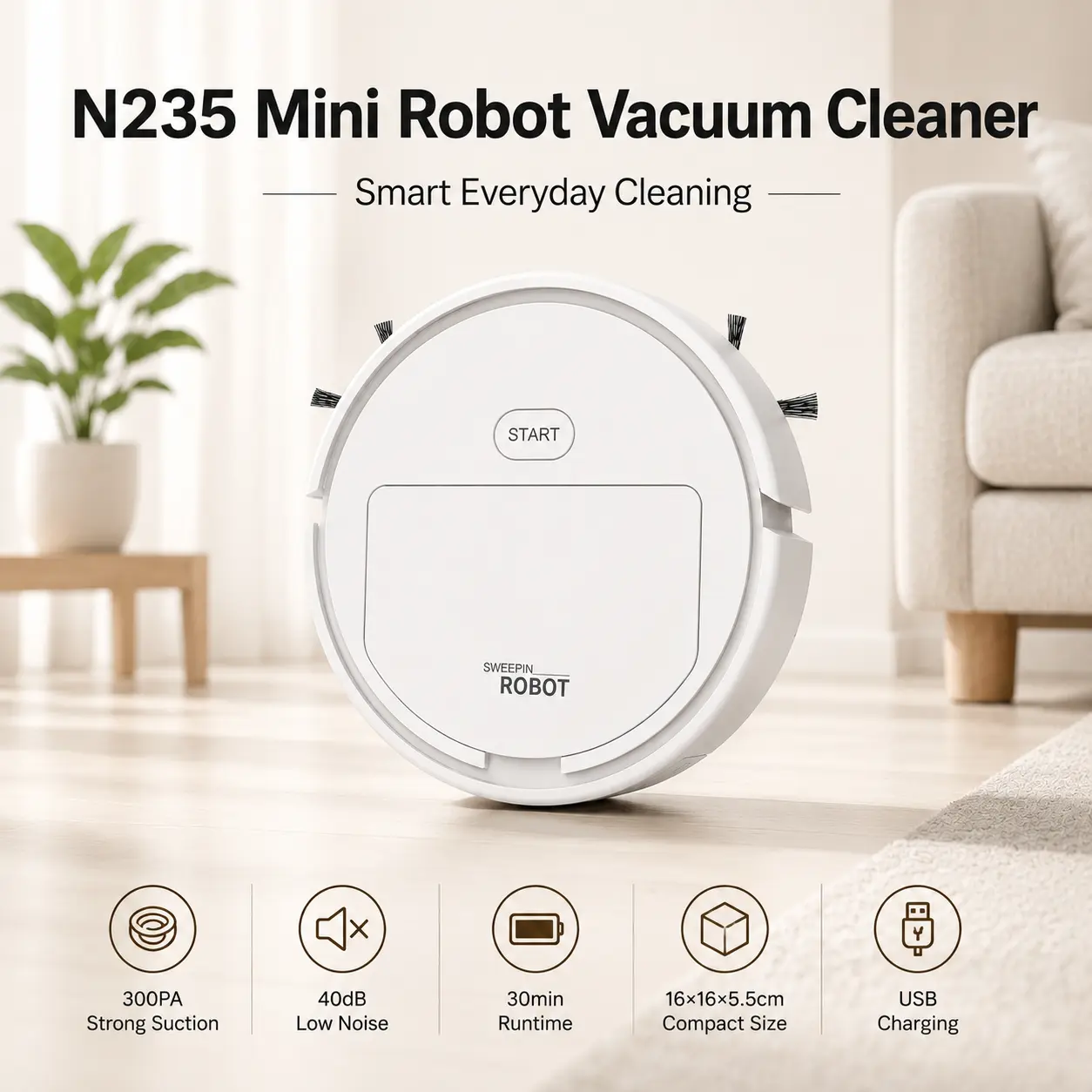 N235 Compact Robotic Vacuum Cleaner for Hard Floors and Everyday Home Cleaning