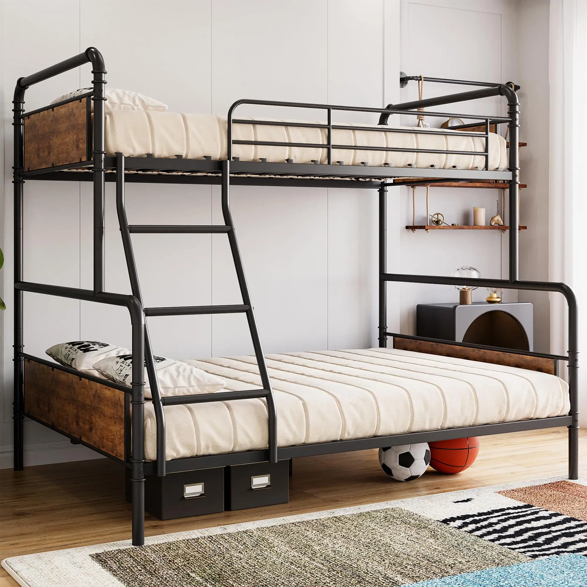 Bunk Bed Twin Over Full Size with High Guardrail and Ladder,Twin Size Convertible Metal Bunk Beds for Kids/Teens, No Box Spring Needed,Vintage Brown, easy installation