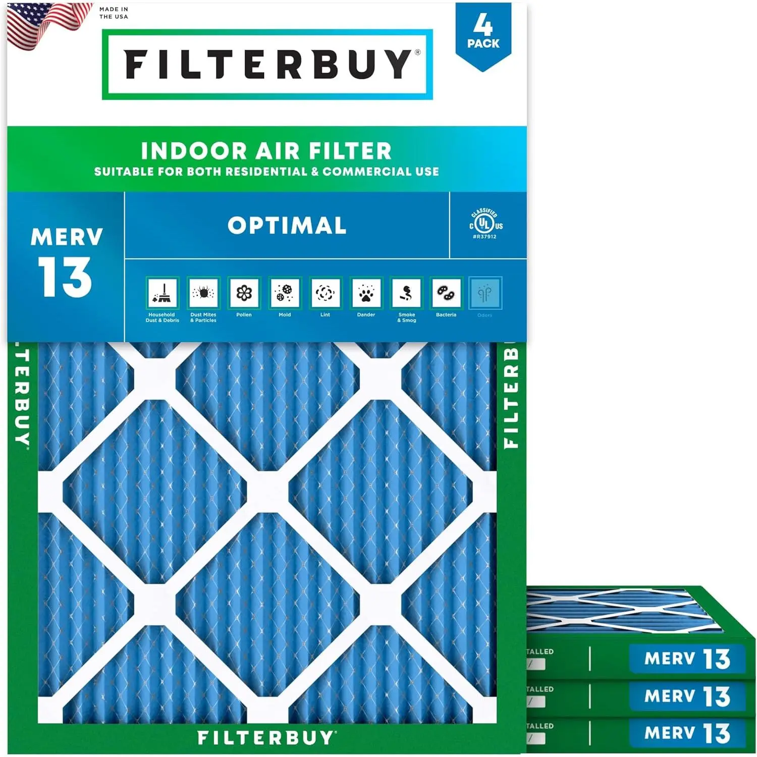 New Synthetic Eco-Friendly Electrostatically Charged HVAC AC Furnace Air Filters (4-Pack) - 16.38x21.5x1 In Pleated MERV 13 Optimal Defense Replacement Parts, Endures Temperatures Up to 200°F (Actual Size: 16.38x21.50x1.00in)
