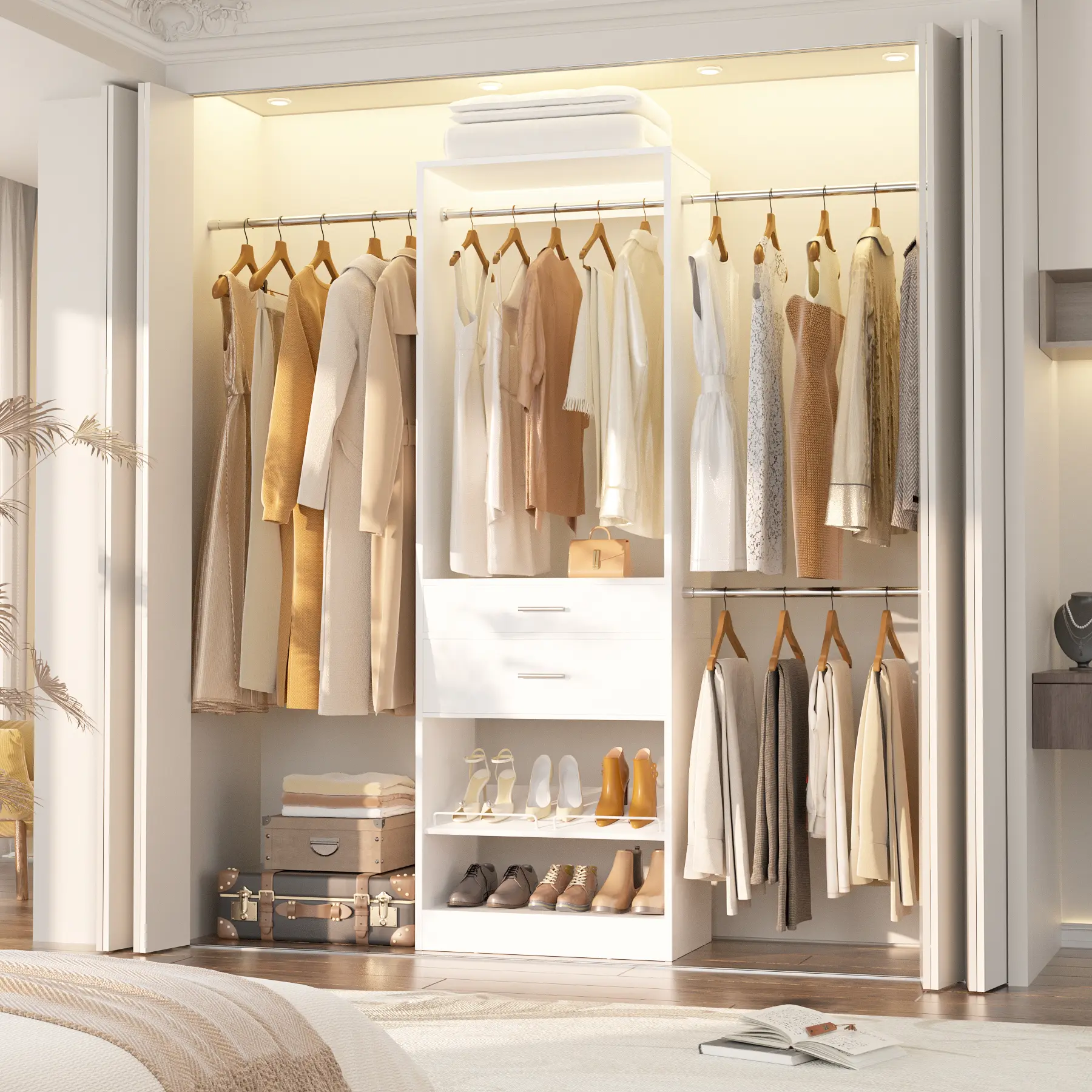 Cyclysio Modern Freestanding Walk-in Closet Organizer System - Furniture with 25"-96"W Expandable Design, 3 Hanging Rods, 2 Wooden Drawers for Home Organization Storage & Closet Organizer Dividers Wardrobes,dorm essentials,home decor