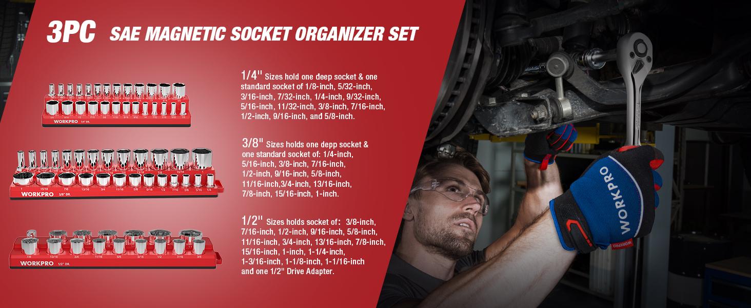 #fathersdaygift WORKPRO Magnetic Socket Organizer Set, 3-Pack Holder Set Includes 1/4", 3/8" and 1/2" Drive Metric Socket Trays, Holds 75 Pieces Standard and Deep Sockets #fathersdaygift WORKPRO Magnetic Socket Organizer Set, 3-Pack Holder Set Includes 1/4", 3/8" and 1/2" Drive Metric Socket Trays, Holds 75 Pieces Standard and Deep Sockets