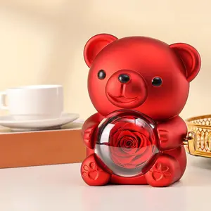 Rotating Hugging Bear Rose Jewelry Box Eternal Flower Gift Box Mother's Day Valentine's Day Gift (without necklace), Plastic, Female