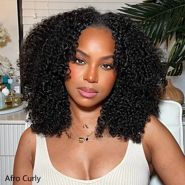 ISEE HAIR Wear Go V part Wig Kinky Curly & Afro Curly Glueless Wig With Elastic Draw-strings Invisible Hairline Human Hair Wigs Beginner Friendly Vacation Hair #SummerWins #DealsForYouDays
