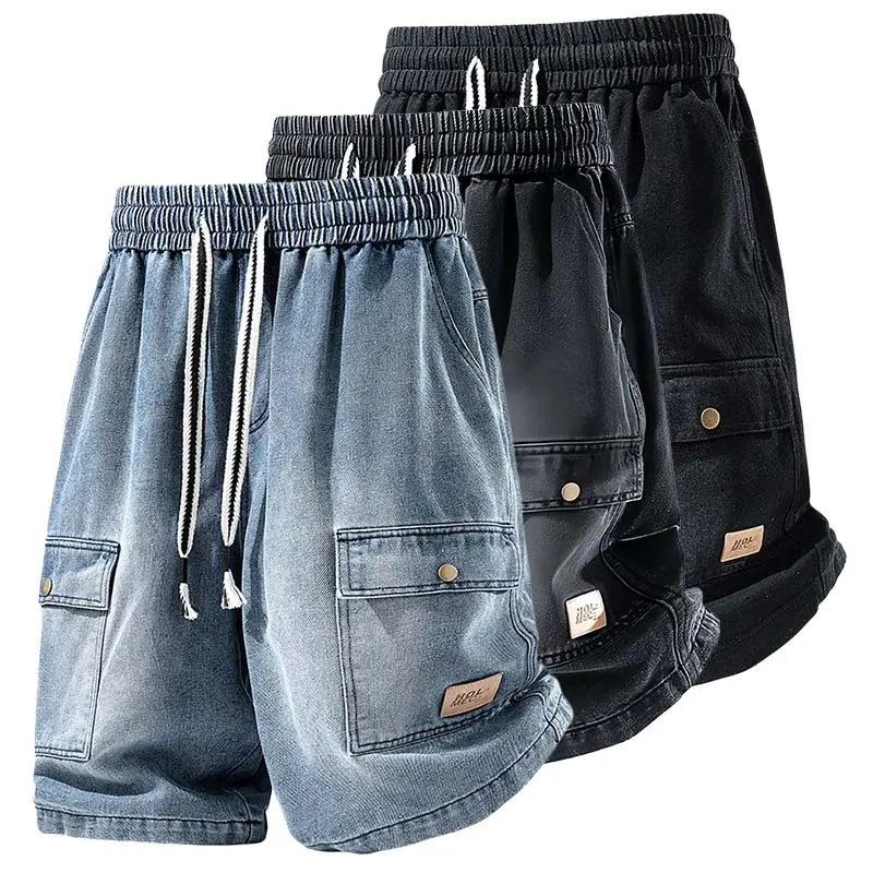 Men's Wear Cargo Shorts, Loose-Fit Washed Cotton Summer Streetwear with a Mid-Waist Drawstring and Metal Buckles, Above The Knee, Retro, Cargo Pockets, H Type