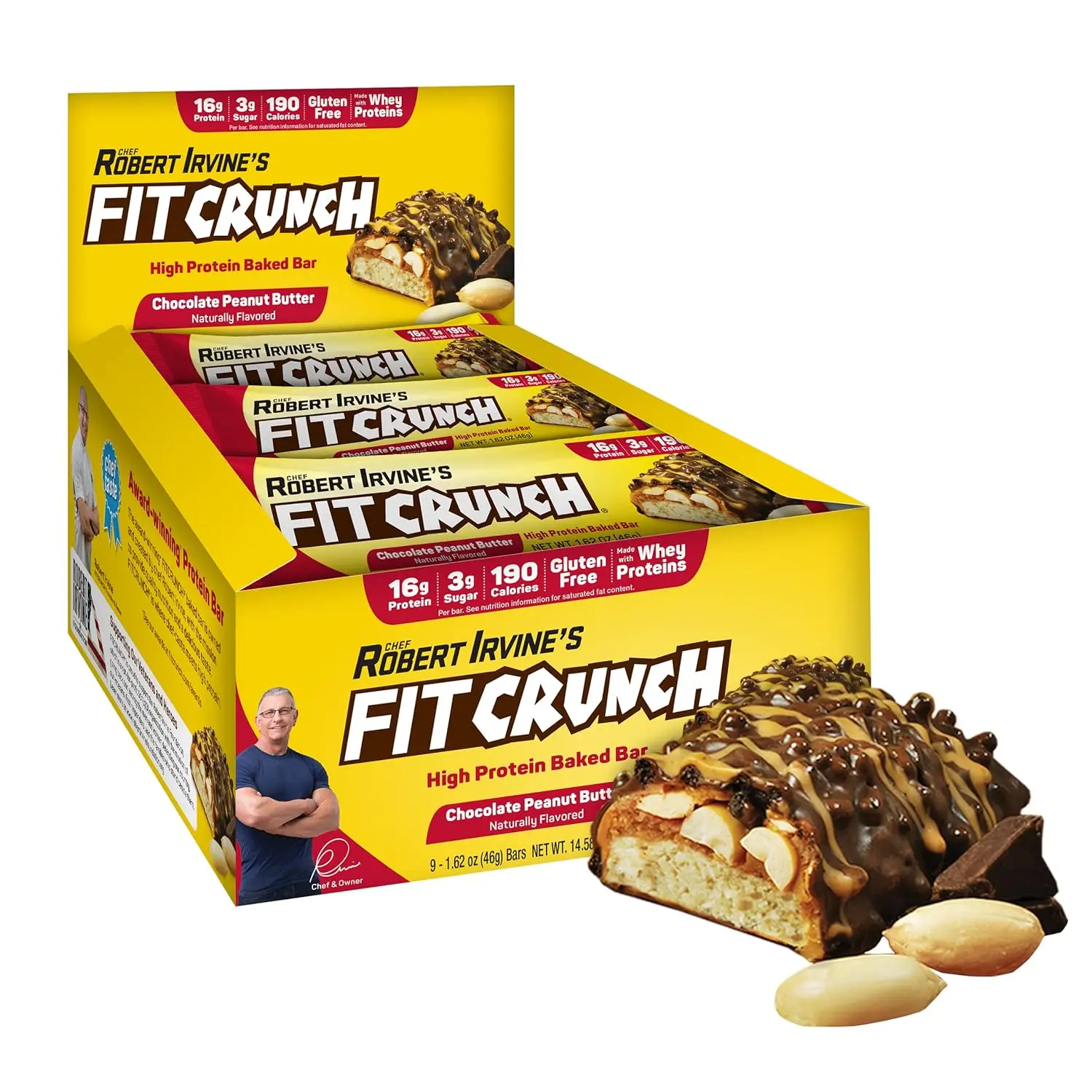 FITCRUNCH Snack Size Protein Bars, Designed by Robert Irvine, 6-Layer Baked Bar, Gluten Free & Soft Cake Core (9 Count, Peanut Butter)