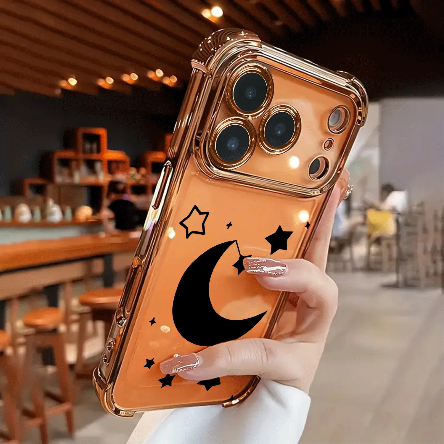 Electroplated Transparent TPU Airbag Shockproof Smartphone Cover - Black Moon Design, Simple Fashion Soft Casing for Gold Handheld Devices, Multi-Model Fit Accessories for iPhone 17 Pro Max,16,15,14,13,12,11
