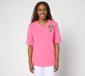 Quacker Factory Palmetto Embellished Puff Elbow Sleeve Top