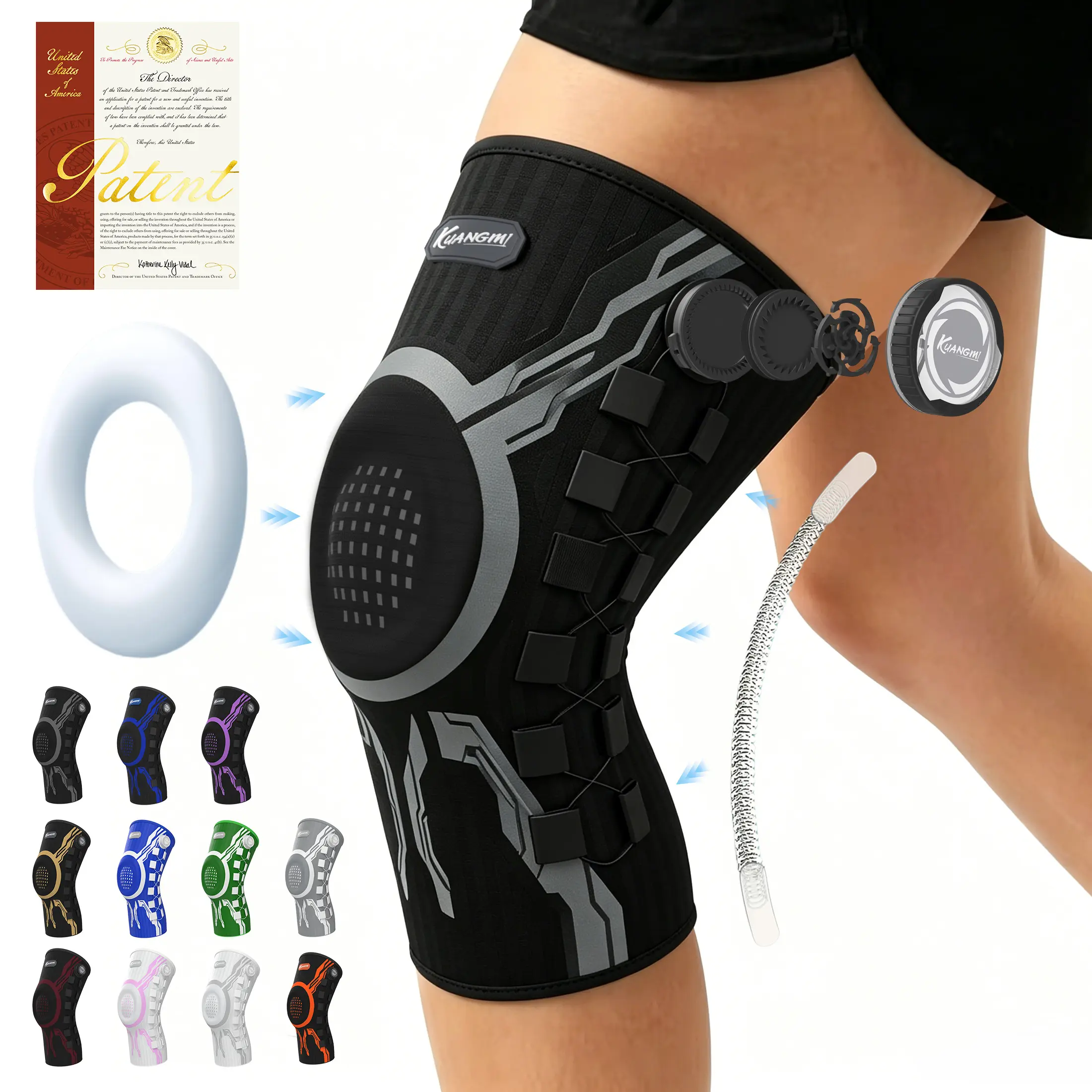 Kuangmi Adjustable Dial Knee Brace with Patella Gel Pad & Lateral Stabilizers, Compression Support Sleeve for Sports Workout, Single Unit KMh752