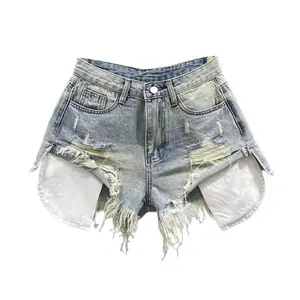 Korean Vintage Blue Sexy Ripped Jeans for Women Patchwork A-line High-waisted Denim Ultra Shorts Bottoms Womenswear