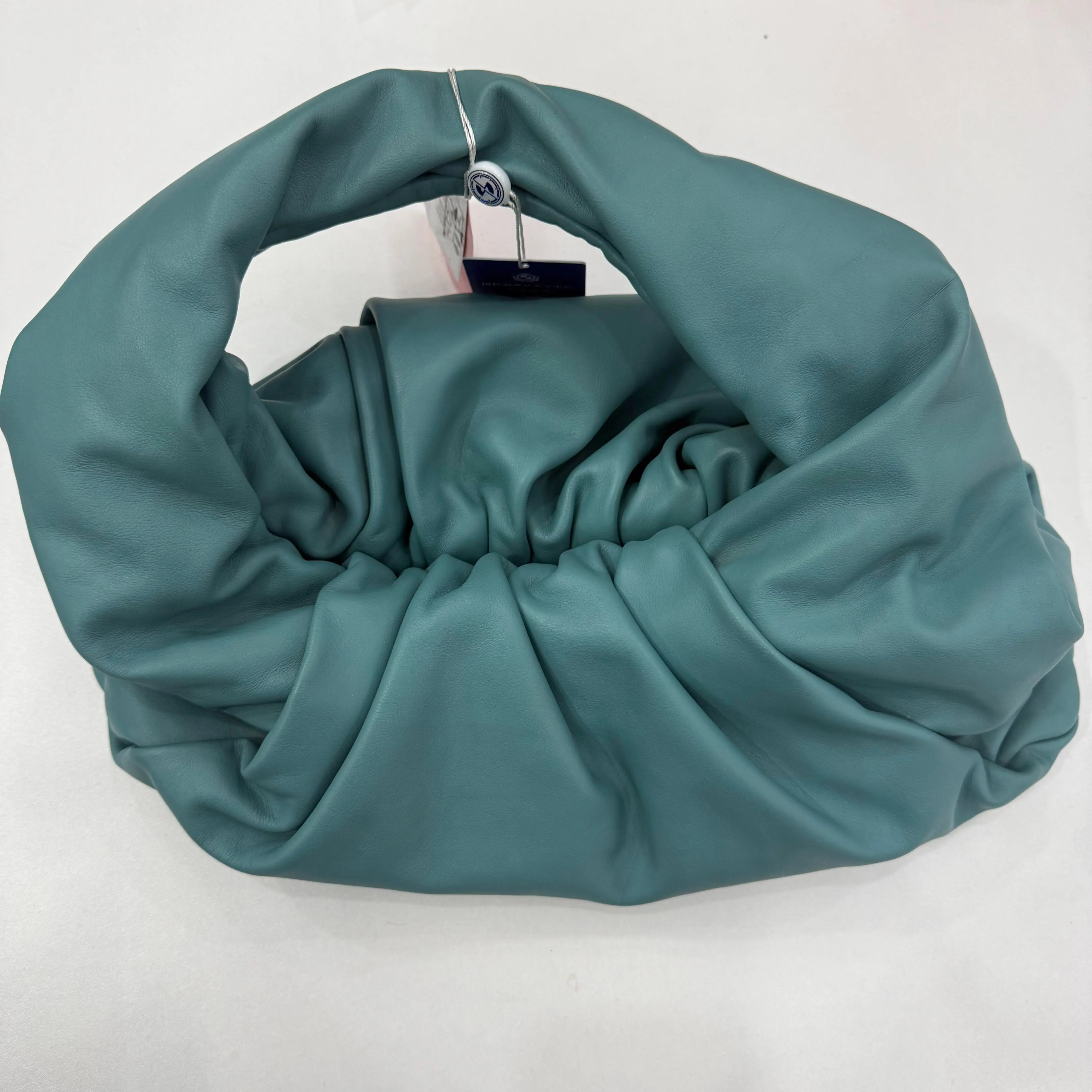 Pre-owned BOTTEGA VENETA Shoulder Pouch Hobo Bag Slate Blue Buttery Soft Nappa Leather Ruched Handle Women Handbag
