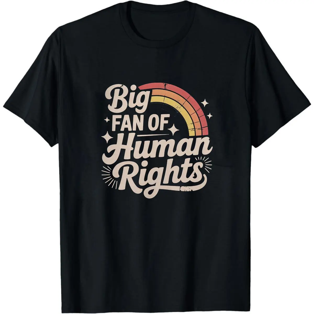Unisex Retro Sweatshirt, "Big Fan of Human Rights" Rainbow Lettering Graphic, Casual Smooth Cotton Pullover with Seamless Design, Shortsleeve, Fabric, Round Neck, Soft